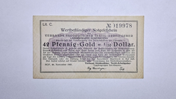 Cédula da Alemanha - 42 Gold Pfennig - 1/10 Dolar - 1923 - Soberba/FE