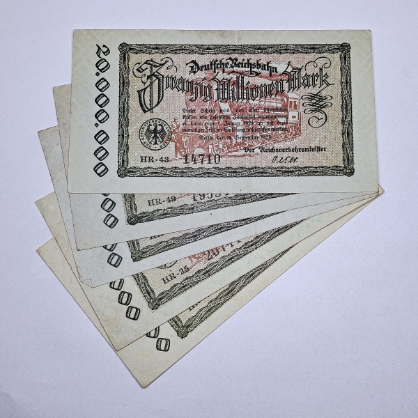 Cédula da Alemanha - 20.000.000 Mark - 1923 - 5 Cédulas - Estradas de Ferro - Soberba