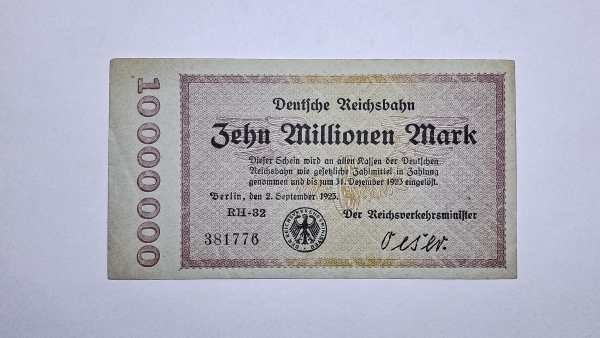 Cédula da Alemanha - 10.000.000 Mark - 1923 - Estradas de Ferro - Soberba