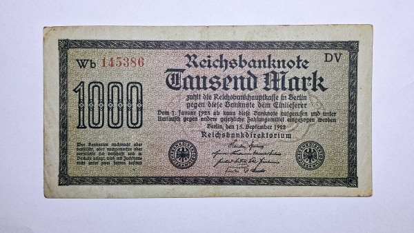Cédula da Alemanha - 1000 Mark - 1922 - Numeração em Vermelho - P76 - MBC