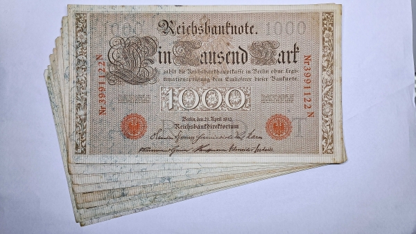 Cédulas da Alemanha - 1000 Mark - 1910 - 10 Cédulas - P44b - Soberbas