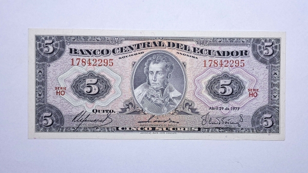 Cédula do Equador - 5 Sucres - 1977 - P108a - FE