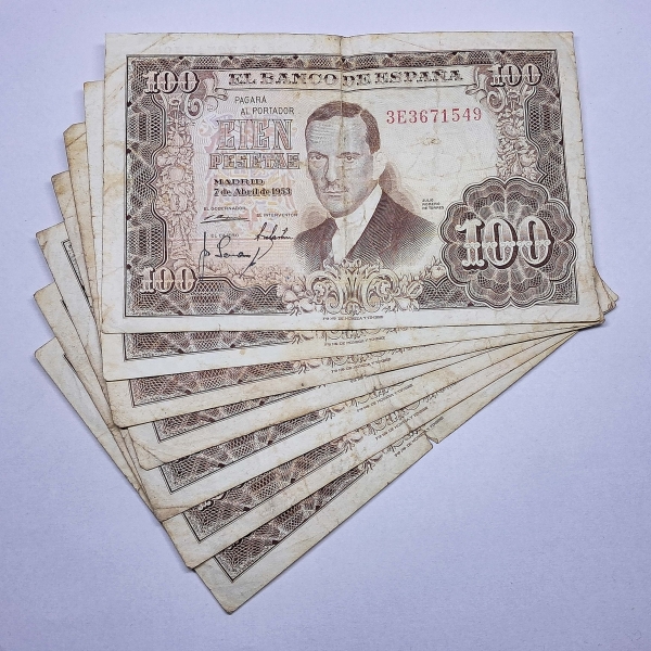 Cédulas da Espanha - 100 Pesetas - 1953 - 7 Cédulas - P145a - MBC
