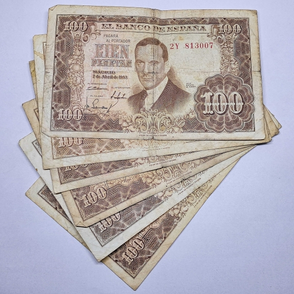 Cédulas da Espanha - 100 Pesetas - 1953 - 6 Cédulas - P145a - BC