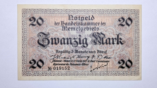 Cédula de Memel - 20 Mark - 1922 - Administração Francesa Pós 1ª Guerra - P6 - Soberba