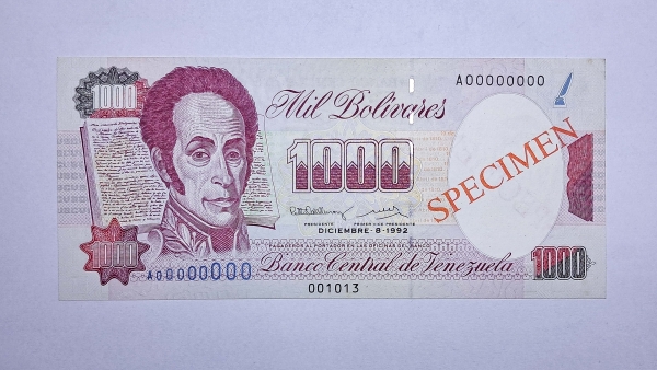 Cédula de Venezuela - 1000 Bolivares - 1992 - Specimen - P73s - FE