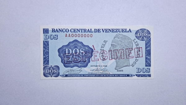 Cédula de Venezuela - 2 Bolivares - 1989 - Specimen - P69s - FE