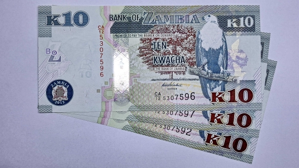 Cédula de Zambia - 10 Kwacha - 2012 - 3 Cédulas - P51a - FE