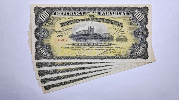Cédulas do Paraguai - 100 Pesos - 1907 - 5 Cédulas - P159 - FE