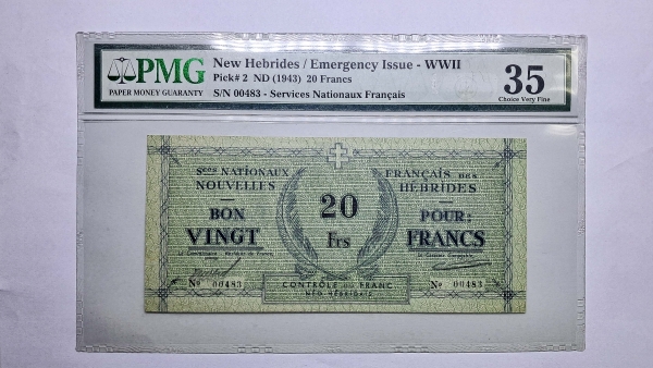 Cédula de Novas Hebridas - 20 Francs - 1943 - Emissão Emergencial 2ª Guerra - Certificada PMG 35 - P2 - Soberba