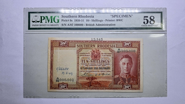 Cédula da Rodesia do Sul - 10 Shillings - 1950 - Specimen - Certificada PMG 58 - P9s - Soberba/FE