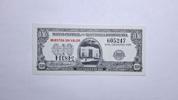 Cédula da Republica Dominicana - 10 Centavos Oro - 1961 - Muestra Sin Valor - Specimen - Erro Numeração Invertida - P86s - FE