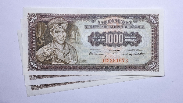 Cédula da Iugoslavia - 1000 Dinara - 1955 - 3 Cédulas - P71b - Soberba/FE