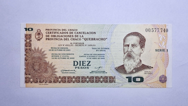 Cédula da Argentina - 10 Pesos - 2001 - Provincia del Chaco - FE