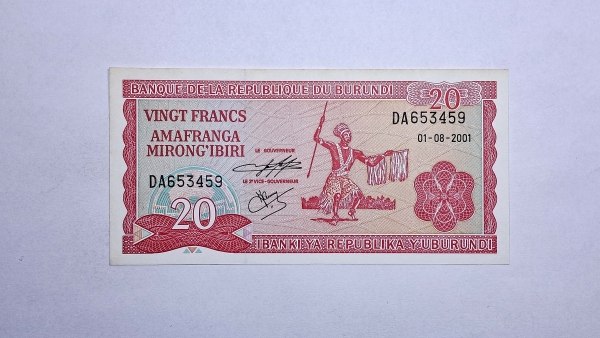 Cédula do Burundi - 20 Francs - 2001 - P27d - FE