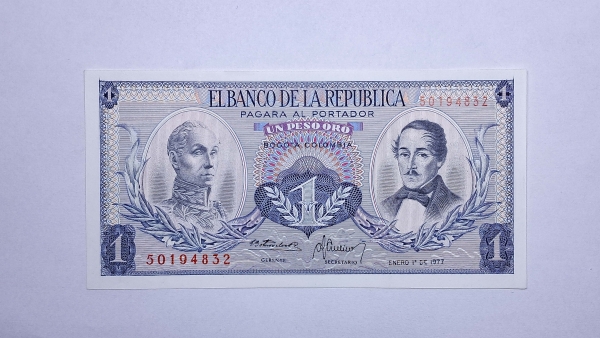 Cédula da Colombia - 1 Peso - 1977 - data Rara - P404f - FE