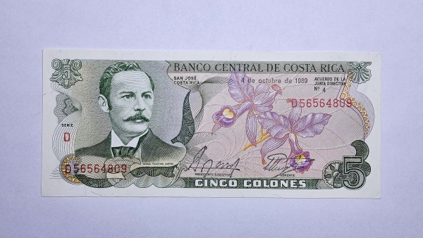 Cédula da Costa Rica - 5 Colones - 1989 - P236d - FE