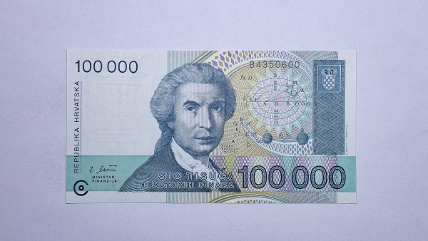 Cédula da Croacia - 100000 Dinara - 1993 - P27 - FE