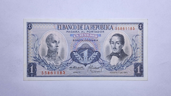 Cédula da Colombia - 1 Peso - 1971 - P404e - FE