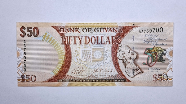 Cédula da Guiana - 50 Dolares - 2016 - Cédula Comemorativa dos 50 Anos da Independencia - P41 - FE