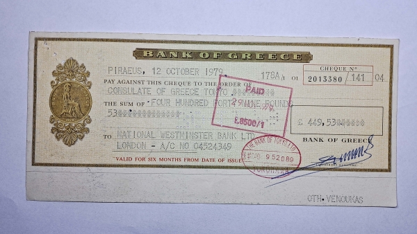 Cheque do Banco da Grecia - Cheque Antigo e Pago - MBC/Soberba