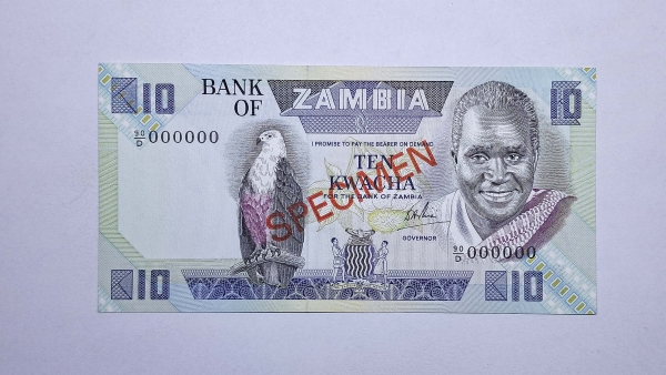 Cédula da Zambia - 10 Kwacha - 1980 - 1988 - Specimen - P26s - FE