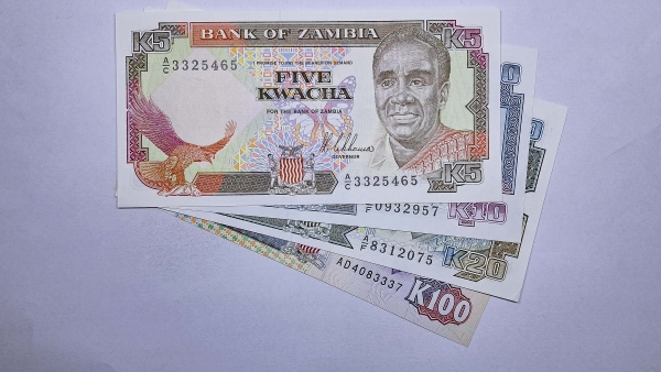 Cédula da Zambia - 5 - 10 - 20 - 100 Kwacha - 1989 - 1991 - 4 Cédulas - P30 a P34 - FE
