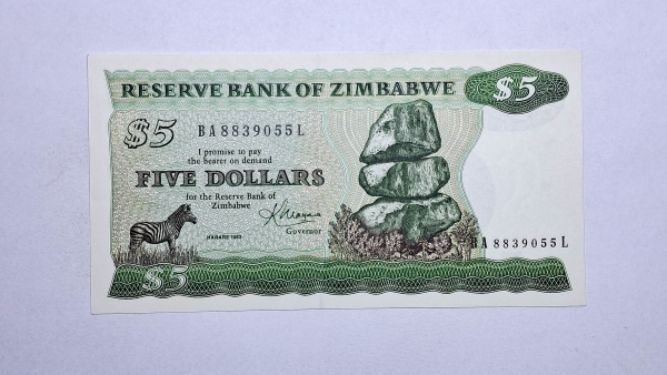 Cédula do Zimbabwe - 5 Dollars - 1983 - P2c - FE