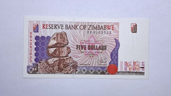 Cédula do Zimbabwe - 5 Dollars - 1997 - P5a - FE