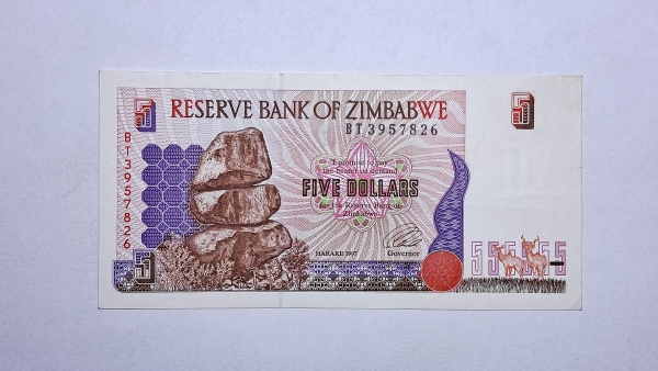 Cédula do Zimbabwe - 5 Dollars - 1997 - P5b - MBC/Soberba