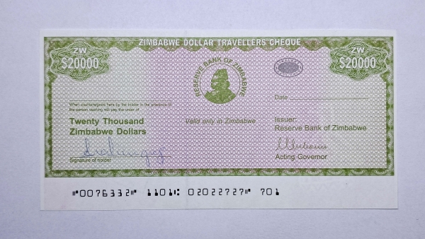 Cédula do Zimbabwe - 20000 Dollars - 2003 - Emergence Traveller Check - P18 - FE