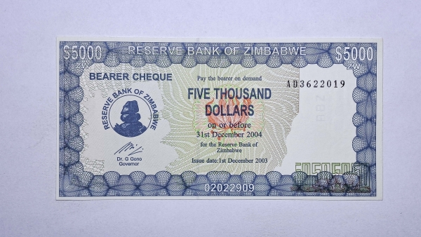 Cédula do Zimbabwe - 5000 Dollars - 2003 - Bearer Cheque - P21d - FE