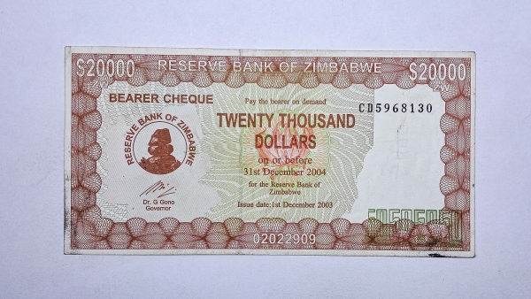 Cédula do Zimbabwe - 20000 Dollars - 2003 - Bearer Cheque - P23e - MBC