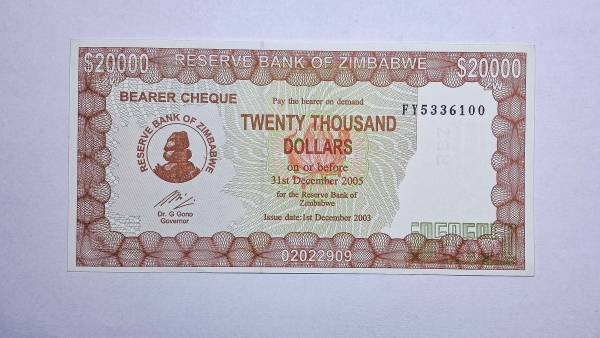 Cédula do Zimbabwe - 20000 Dollars - 2003 - Bearer Cheque - P23f - FE