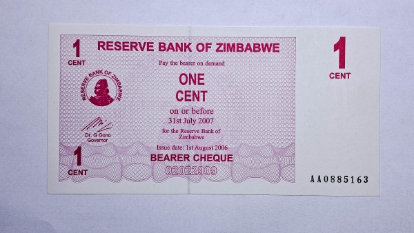 Cédula do Zimbabwe - 1 Cent - 2006 - Bearer Cheque - P33 - FE
