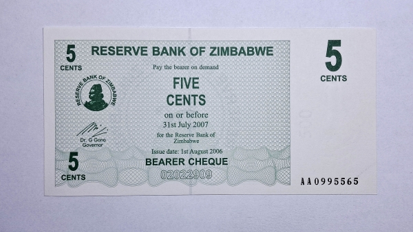 Cédula do Zimbabwe - 5 Cents - 2006 - Bearer Cheque - P34 - FE