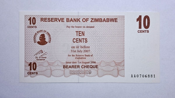 Cédula do Zimbabwe - 10 Cents - 2006 - Bearer Cheque - P35 - FE