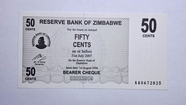 Cédula do Zimbabwe - 50 Cents - 2006 - Bearer Cheque - P36 - FE