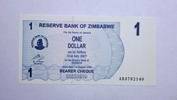 Cédula do Zimbabwe - 1 Dollar - 2006 - Bearer Cheque - P37 - FE