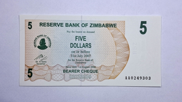 Cédula do Zimbabwe - 5 Dollars - 2006 - Bearer Cheque - P38 - FE