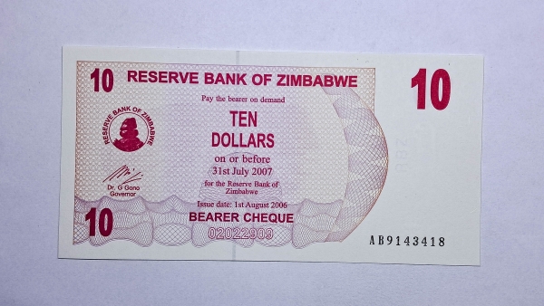 Cédula do Zimbabwe - 10 Dollars - 2006 - Bearer Cheque - P39 - FE