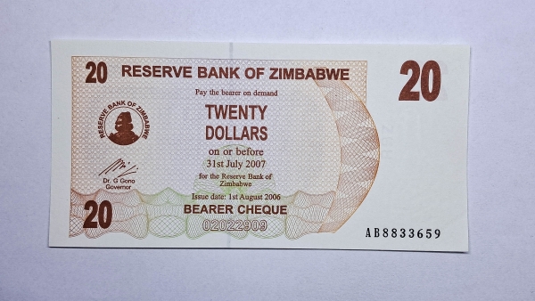 Cédula do Zimbabwe - 20 Dollars - 2006 - Bearer Cheque - P40 - FE