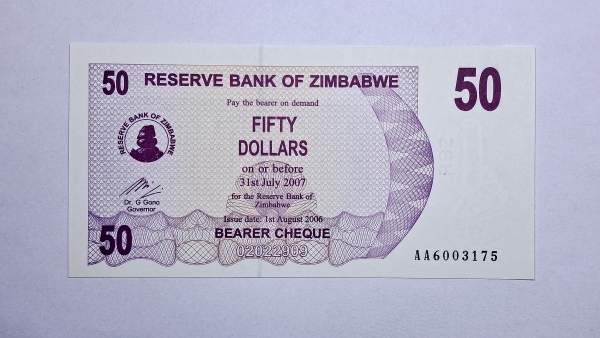 Cédula do Zimbabwe - 50 Dollars - 2006 - Bearer Cheque - P41 - FE