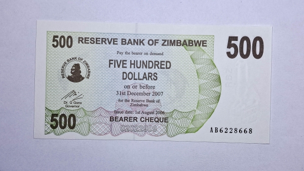 Cédula do Zimbabwe - 500 Dollars - 2006 - Bearer Cheque - P43 - FE