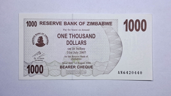 Cédula do Zimbabwe - 1000 Dollars - 2006 - Bearer Cheque - P44 - FE
