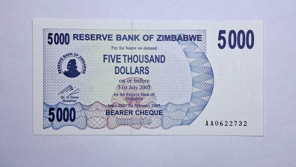 Cédula do Zimbabwe - 5000 Dollars - 2007 - Bearer Cheque - P45 - FE