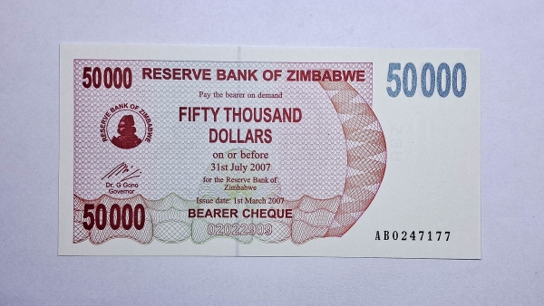 Cédula do Zimbabwe - 50000 Dollars - 2007 - Bearer Cheque - P47 - FE