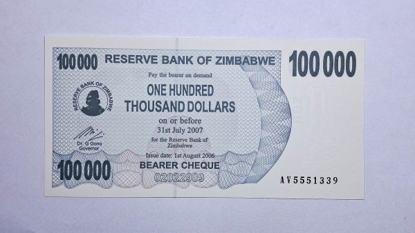 Cédula do Zimbabwe - 100.000 Dollars - 2006 - Bearer Cheque - P48 - FE