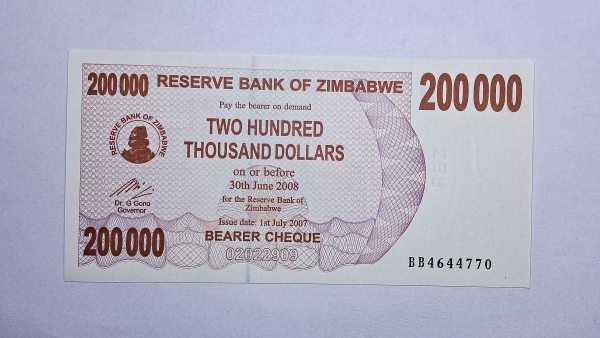 Cédula do Zimbabwe - 200.000 Dollars - 2007 - Bearer Cheque - P49 - FE