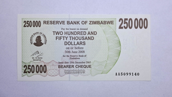 Cédula do Zimbabwe - 250.000 Dollars - 2007 - Bearer Cheque - P50 - FE